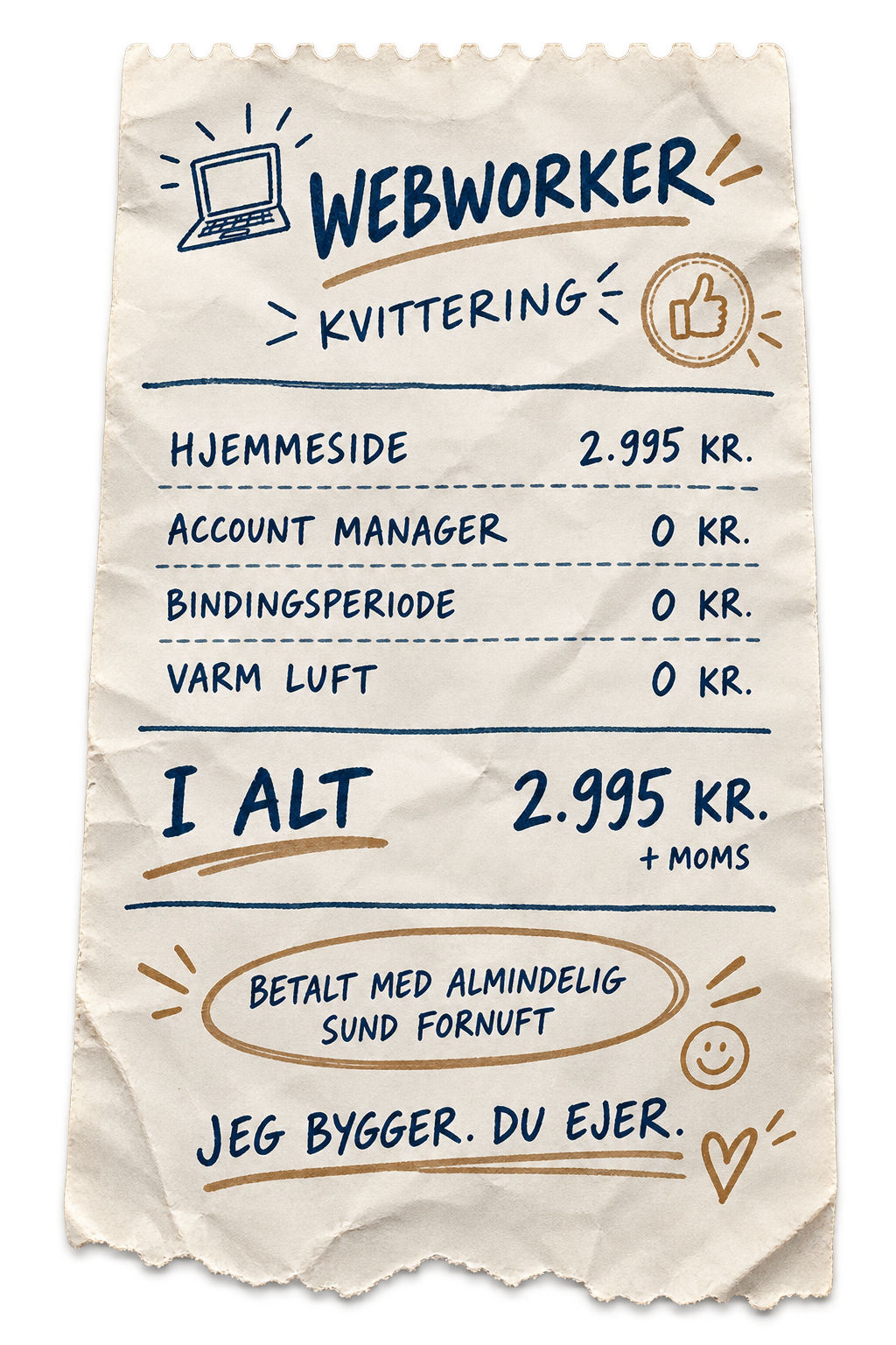 Illustreret WebWorker-kvittering med hjemmeside til 2.995 kr. og 0 kr. for account manager, bindingsperiode og varm luft.