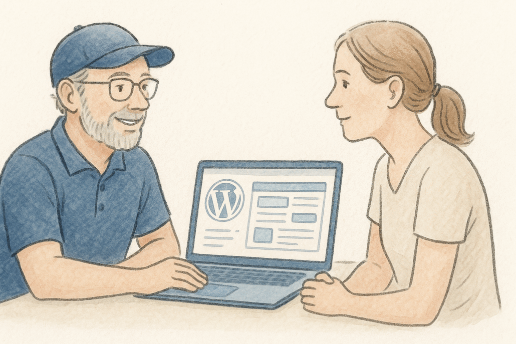 mand sidder ved computer sammen med kvindelig kunde og underviser i brugen af Wordpress